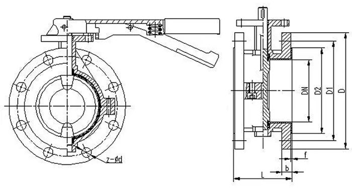 D41F手動(dòng)法蘭蝶閥，不銹鋼法蘭蝶閥，襯四氟法蘭蝶閥結(jié)構(gòu)尺寸